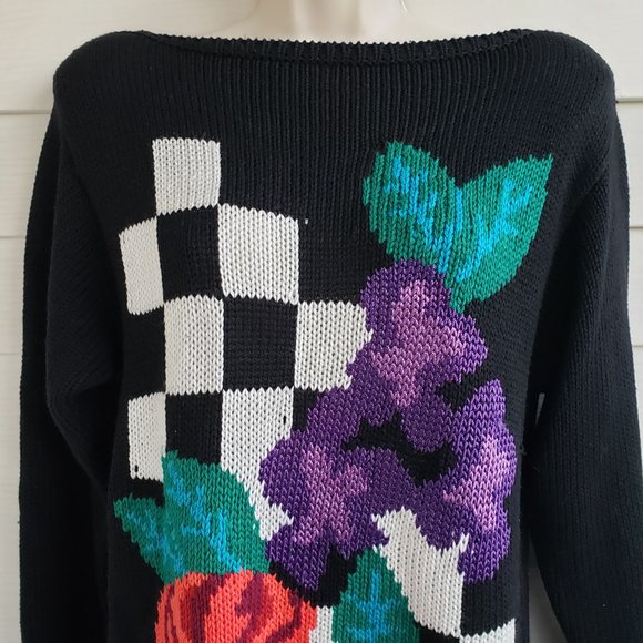 Vintage 80s Hand Loomed Jimmy Garcia New York Sweater floral with checkerboard - Picture 3 of 5
